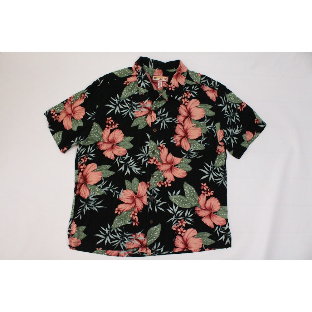 Caribbean Joe Mens XXL Black Hibiscus Floral Rayon Short Sleeve Aloha Camp Shirt
